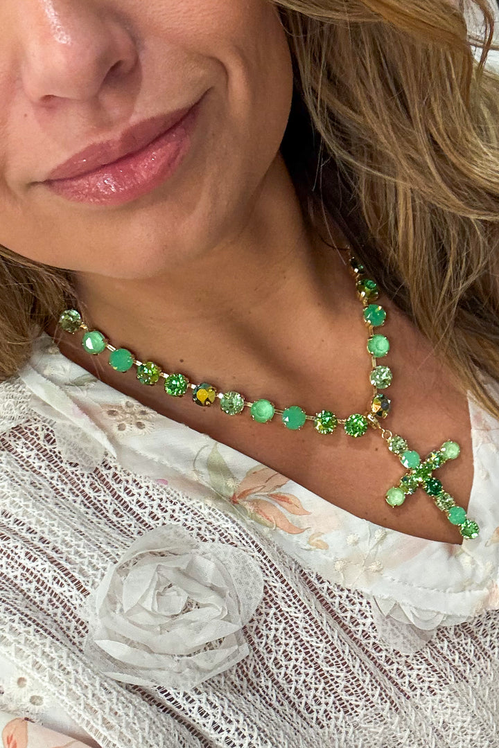 WAFA Austrian Crystal Cross Necklace - Green