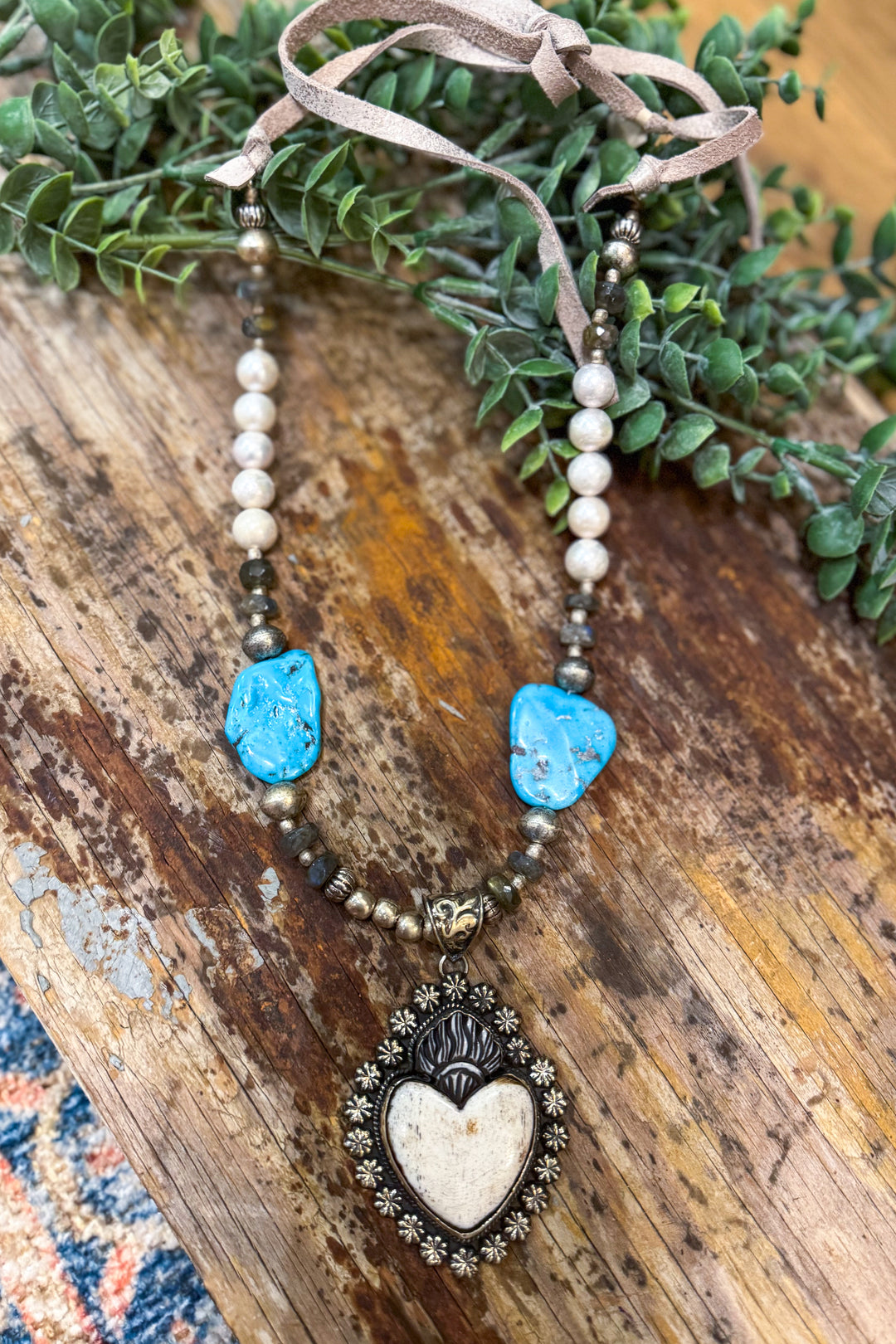 Bone Heart Necklace with Freshwater Pearls &amp; Silver-Plated and Turquoise Pebbles Necklace