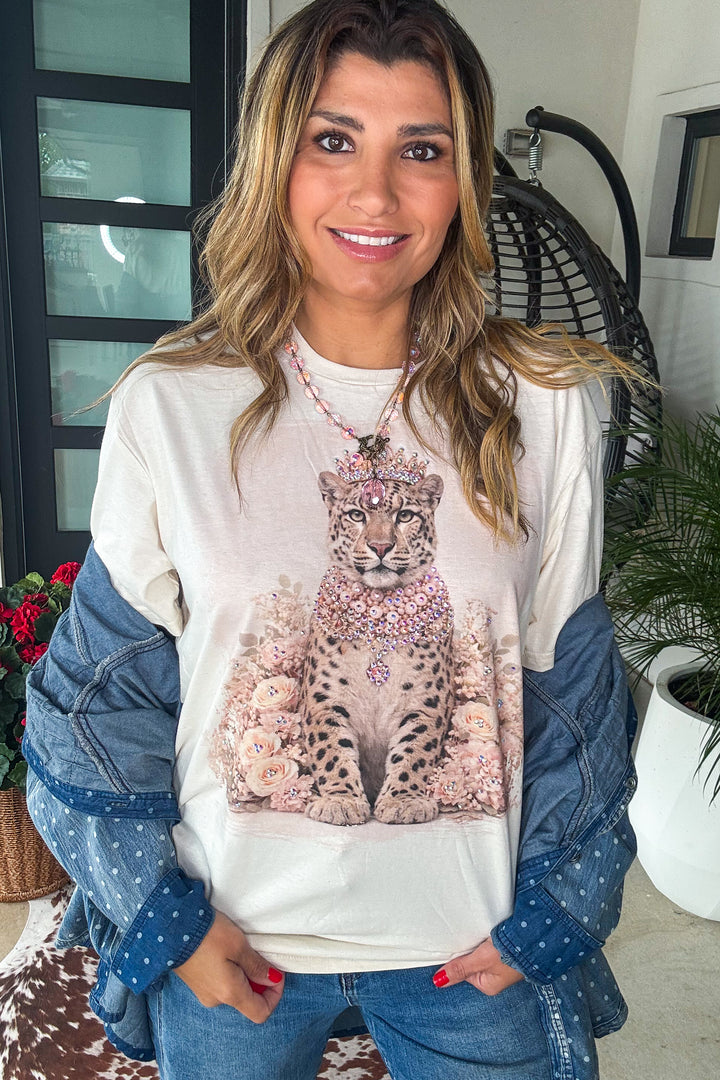 Crowned Royalty Rhinestone Cheetah Shirt - 100% Cotton
