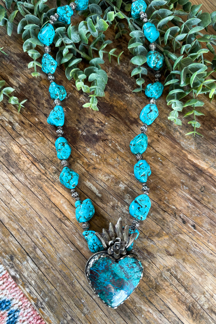 Turquoise Heart and Turquoise Pebble Necklace - German Silver