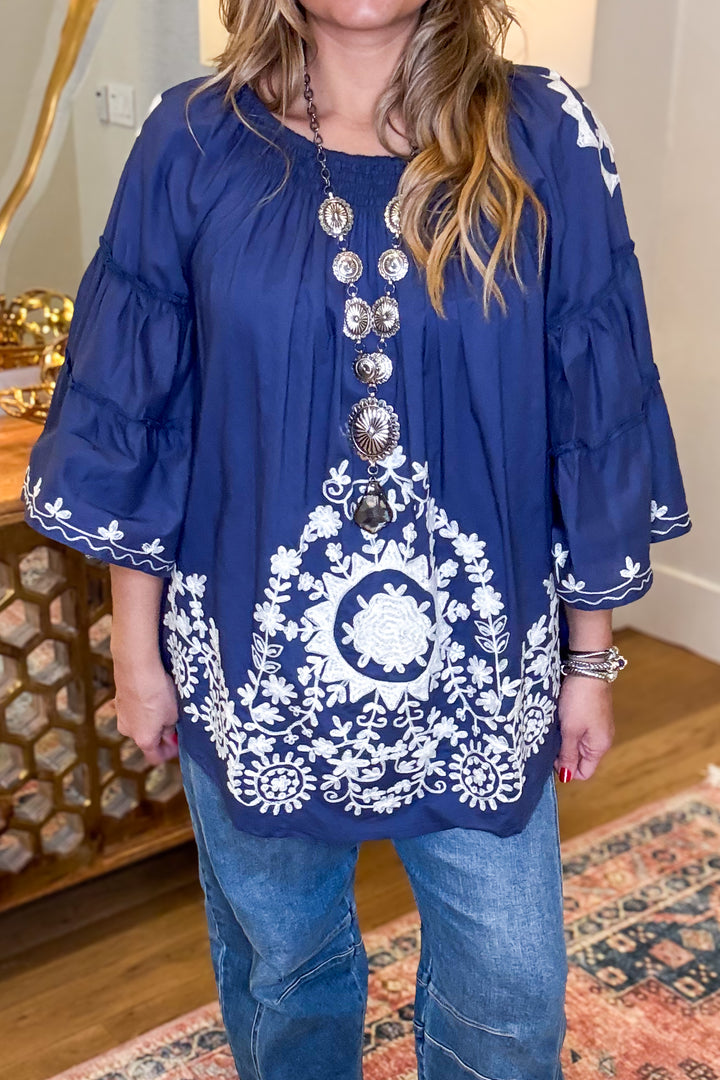 Bound By Love  Embroidered Top - Blue