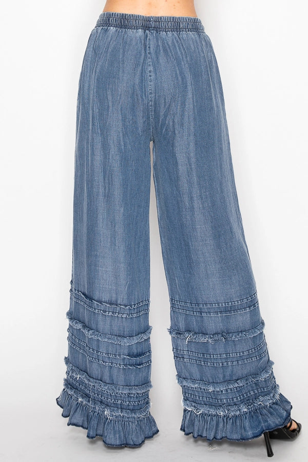 Boho Tiered Chambray Wide Leg Palazzo Pants- Denim