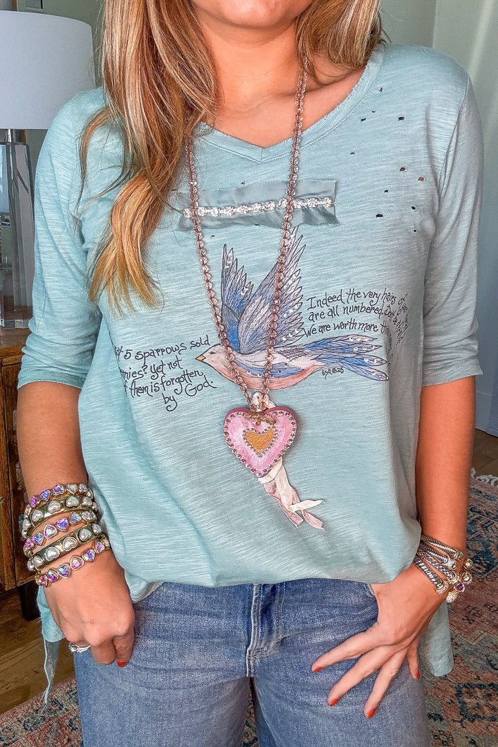 Hand Painted Rhinestone Wood Heart Pendant Necklace