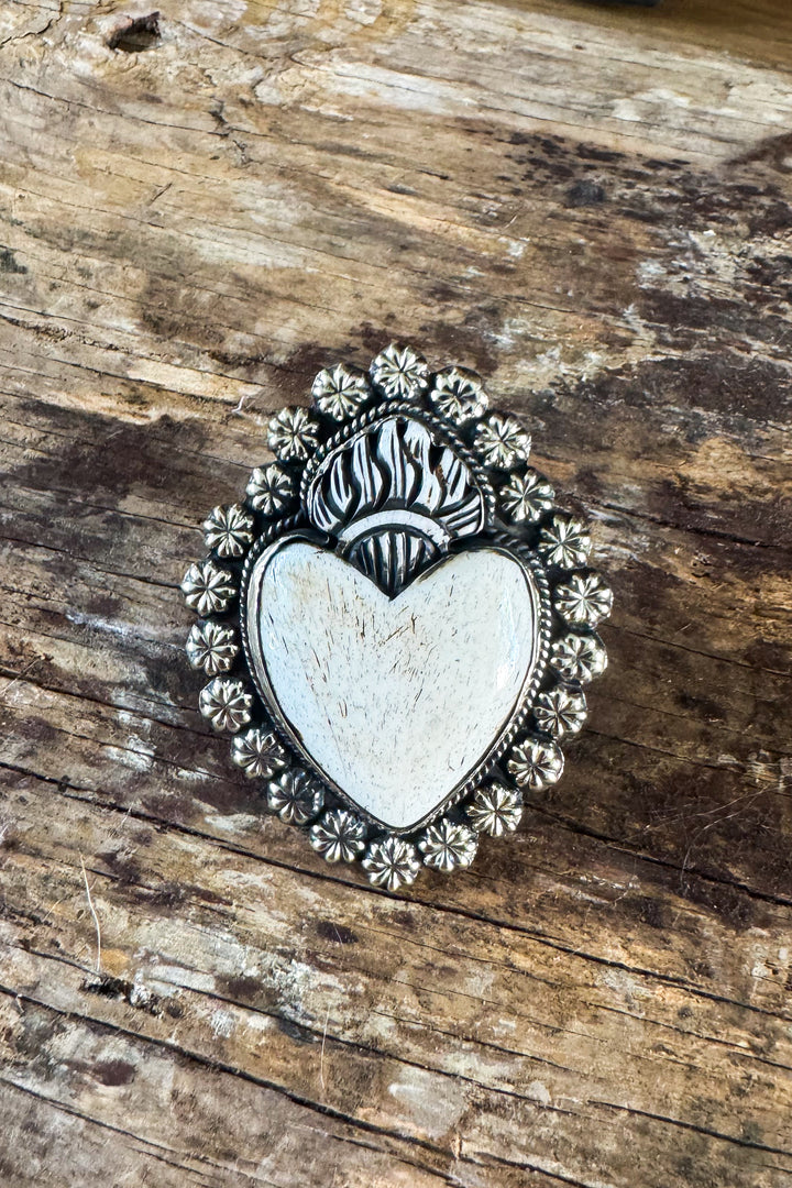 Sacred Heart Bone Statement Ring - silver plated