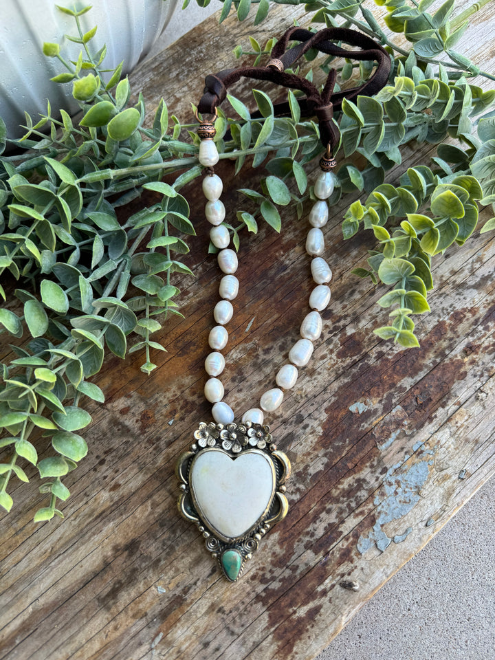 Handmade in Texas - Freshwater Pearl Necklace with Bone Heart Pendant and Turquoise