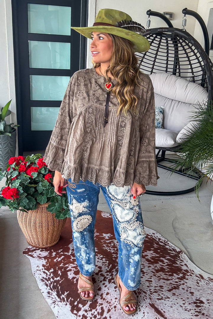 Southern Elegance Blouse - 100% Cotton - Mushroom