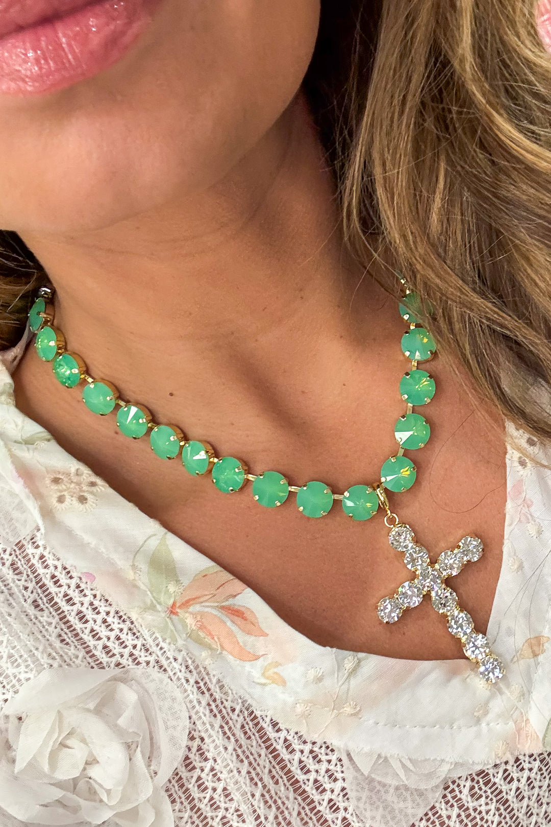 WAFA Austrian Crystal Cross Necklace - Mint Clear Cross
