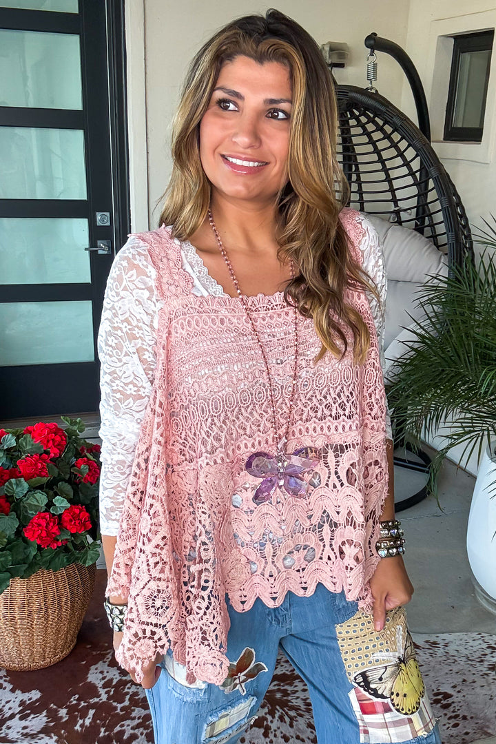 Whispering Details Lace Tank - 100% Cotton - Made in USA - Pink
