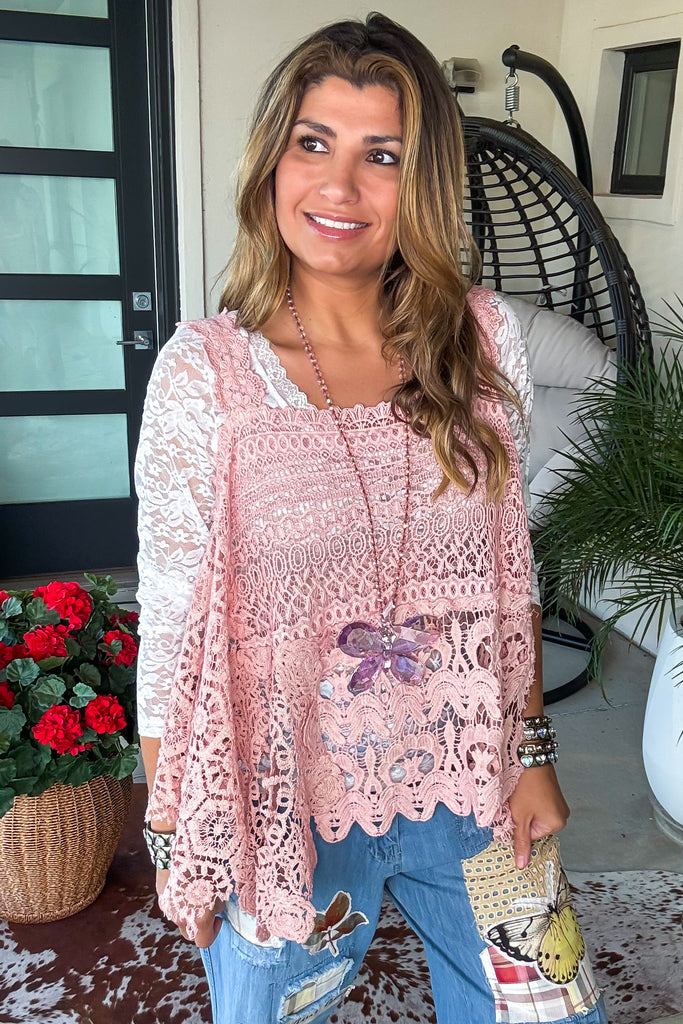 Whispering Details Lace Tank - 100% Cotton - Made in USA - Pink