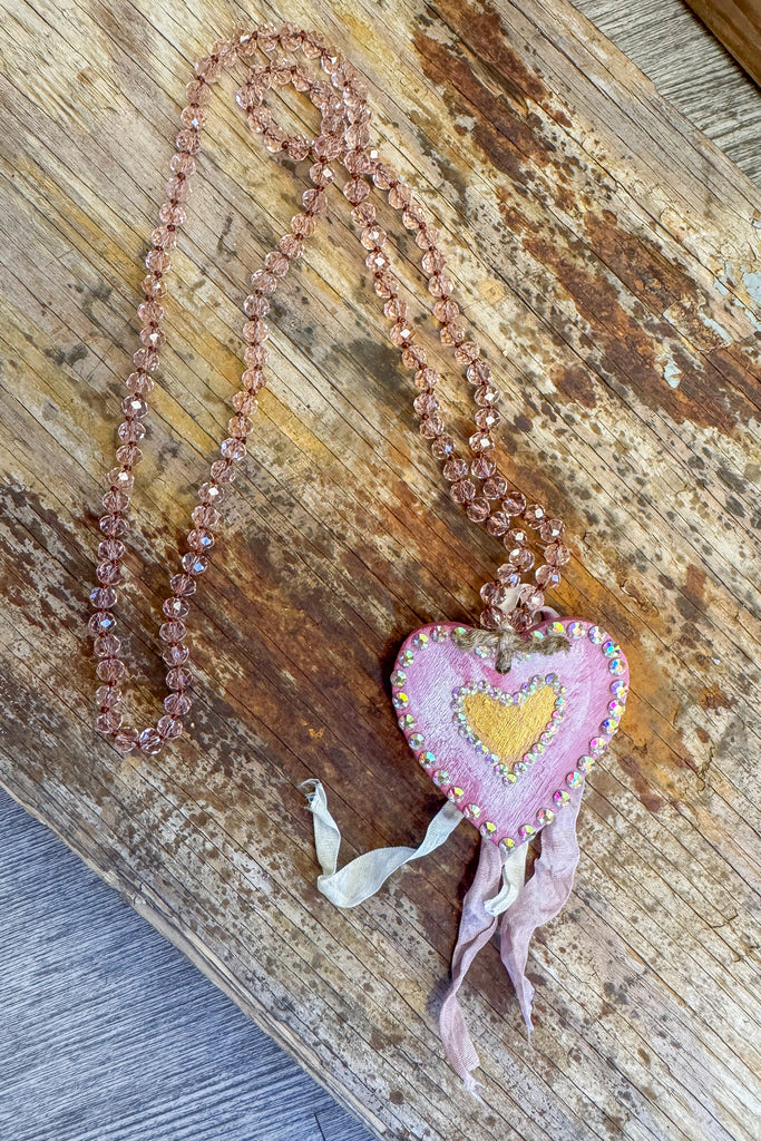 Hand Painted Rhinestone Wood Heart Pendant Necklace
