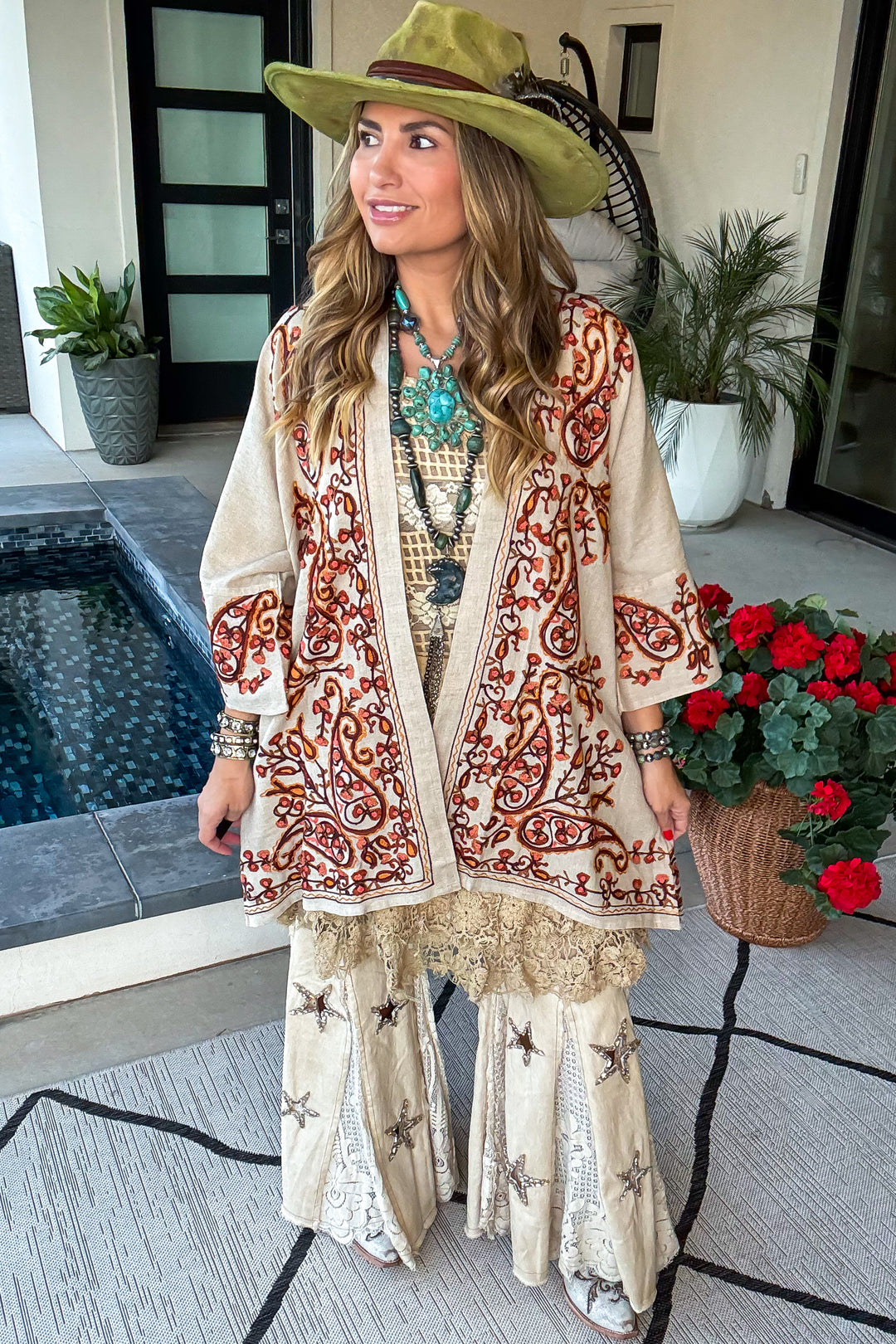 Beauty in Sight Embroidered Cardigan - Cotton Linen Blend  - Copper Oatmeal