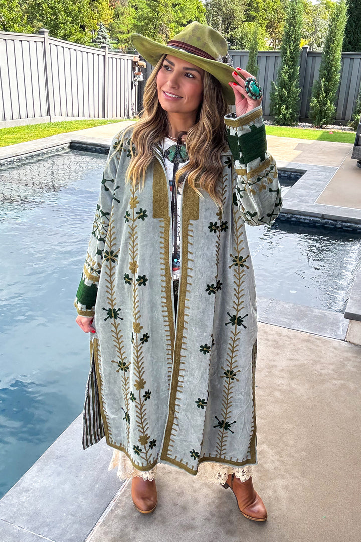 Velvet Green Embroidered Jacket - 100% Cotton
