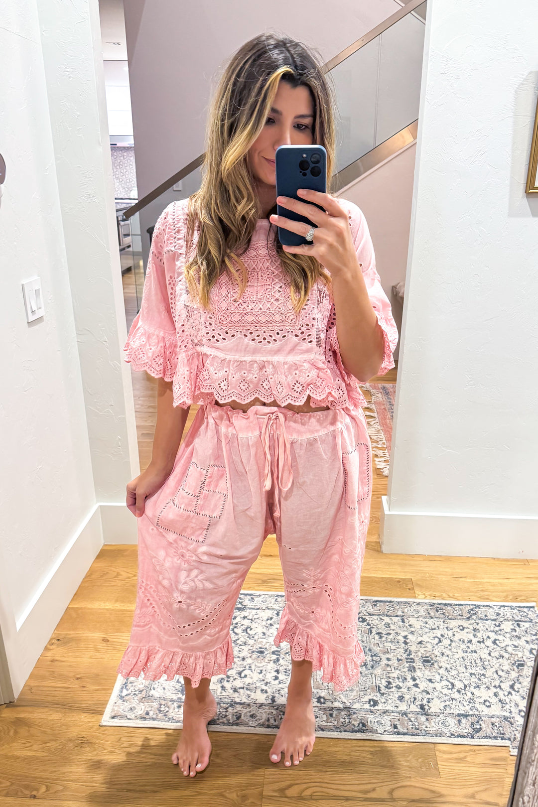 Softly Worn Eyelet Top -100% Cotton - Reversible - Pink