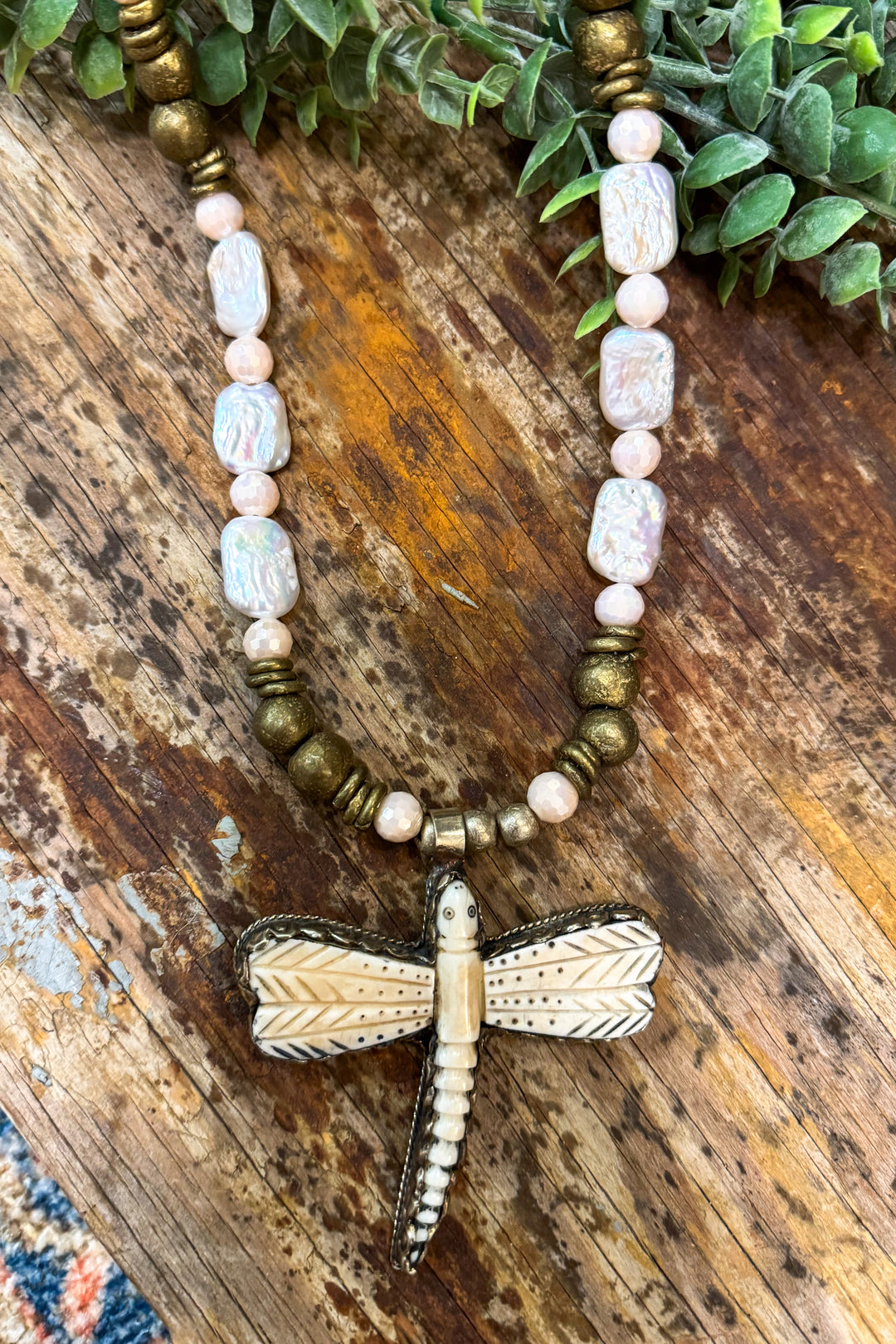 Carved Bone Dragonfly Freshwater Pearl Necklace