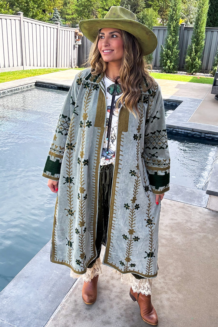 Velvet Green Embroidered Jacket - 100% Cotton