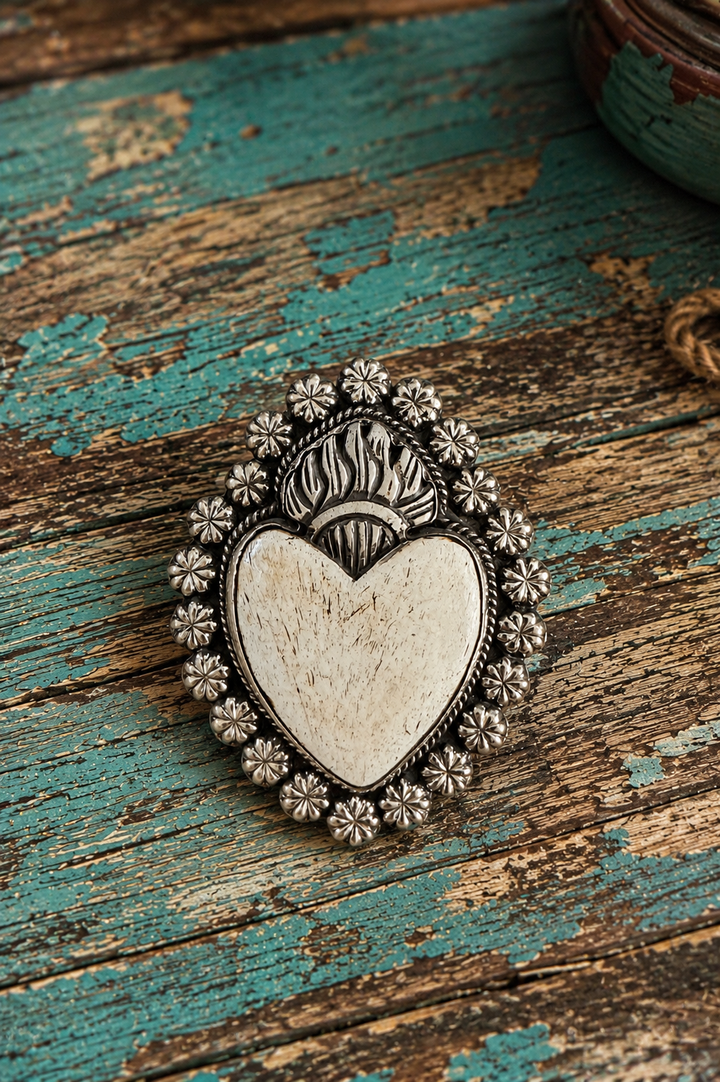 Sacred Heart Bone Statement Ring - silver plated