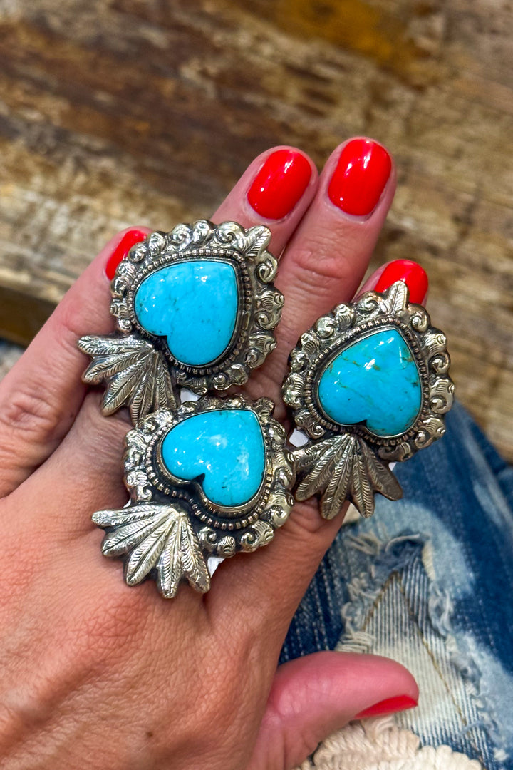 Turquoise Heart Ring - Adjustable Ring - German Silver
