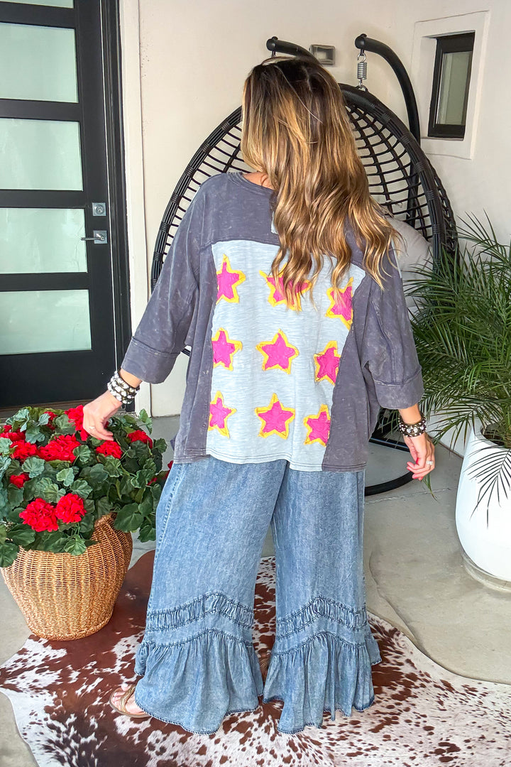 Ruffled Soul Elastic Waist Denim Pants - Denim