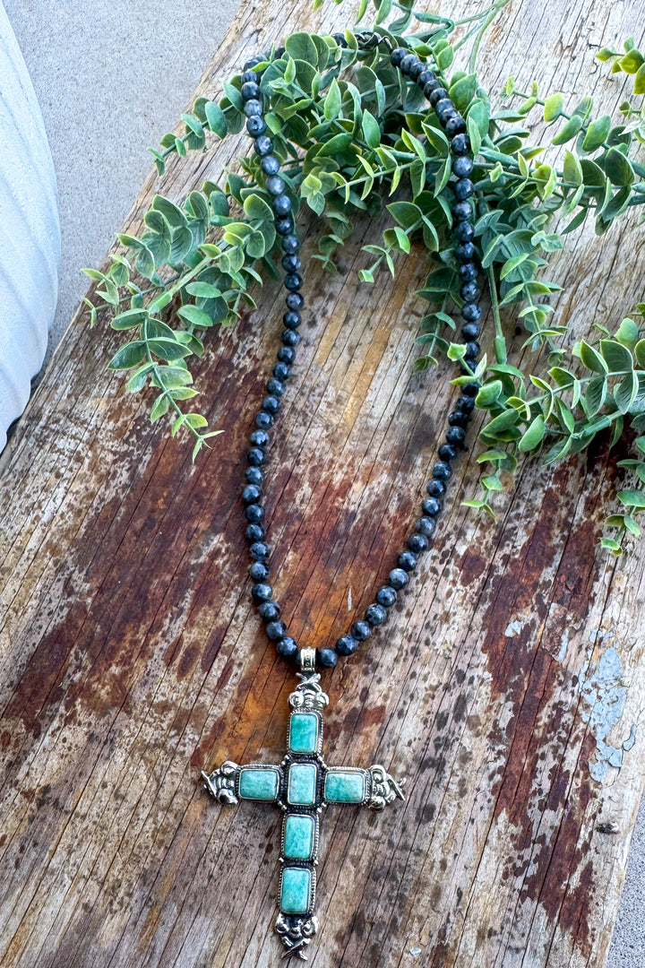 Amazonite Cross Gemstone Silver Plated - Black Labradorite Pebbles - Jaded Gypsy