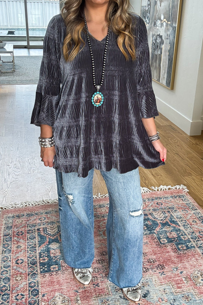 Straight To Town Velvet Tunic - Dark Gray