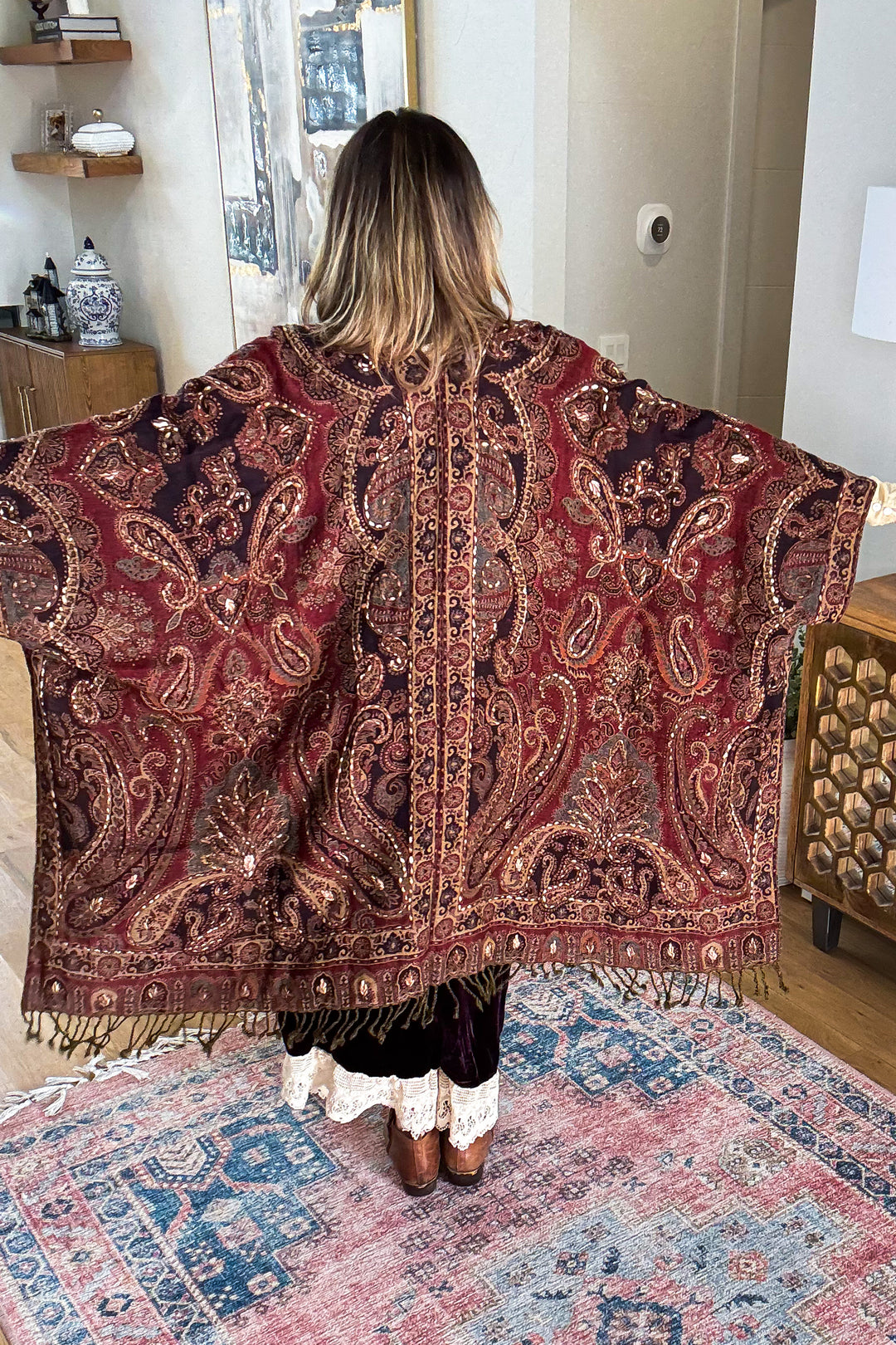 NATURAL FABRIC: Love Woven Deeply Wool Ruana - 19Wine - 100% Wool