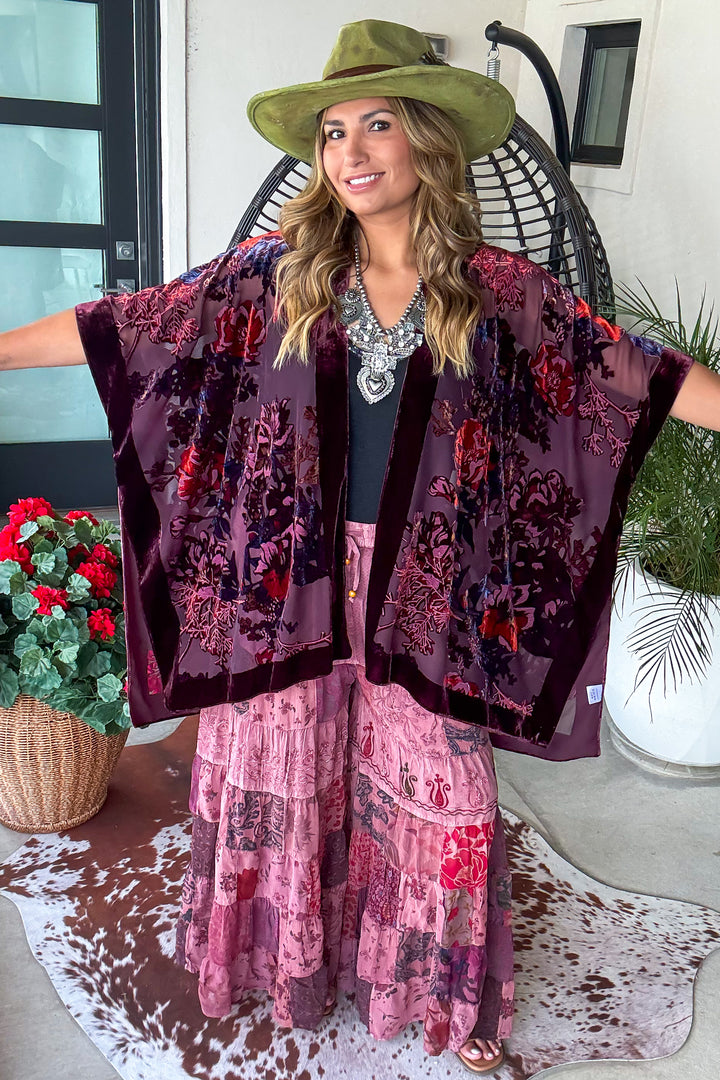 True Burnout Velvet Masterpiece Kimono - Burgundy