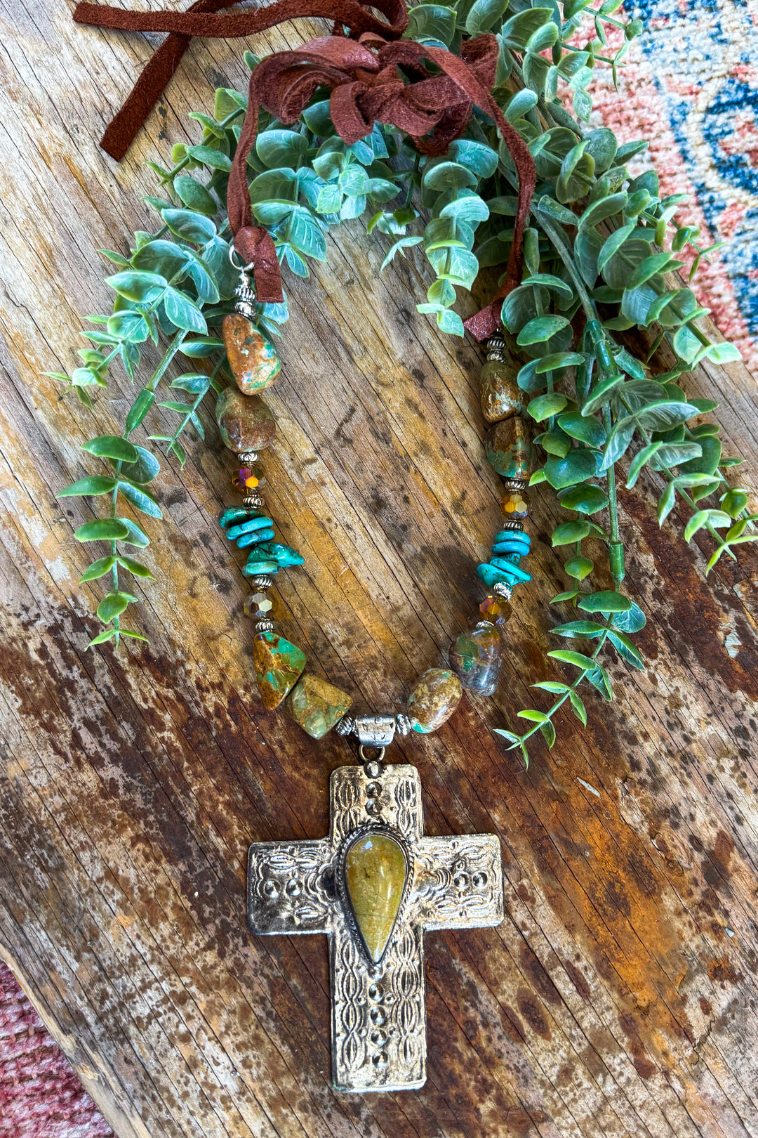One of a Kind Golden Rutilated Quartz &amp; Turquoise Cross Necklace