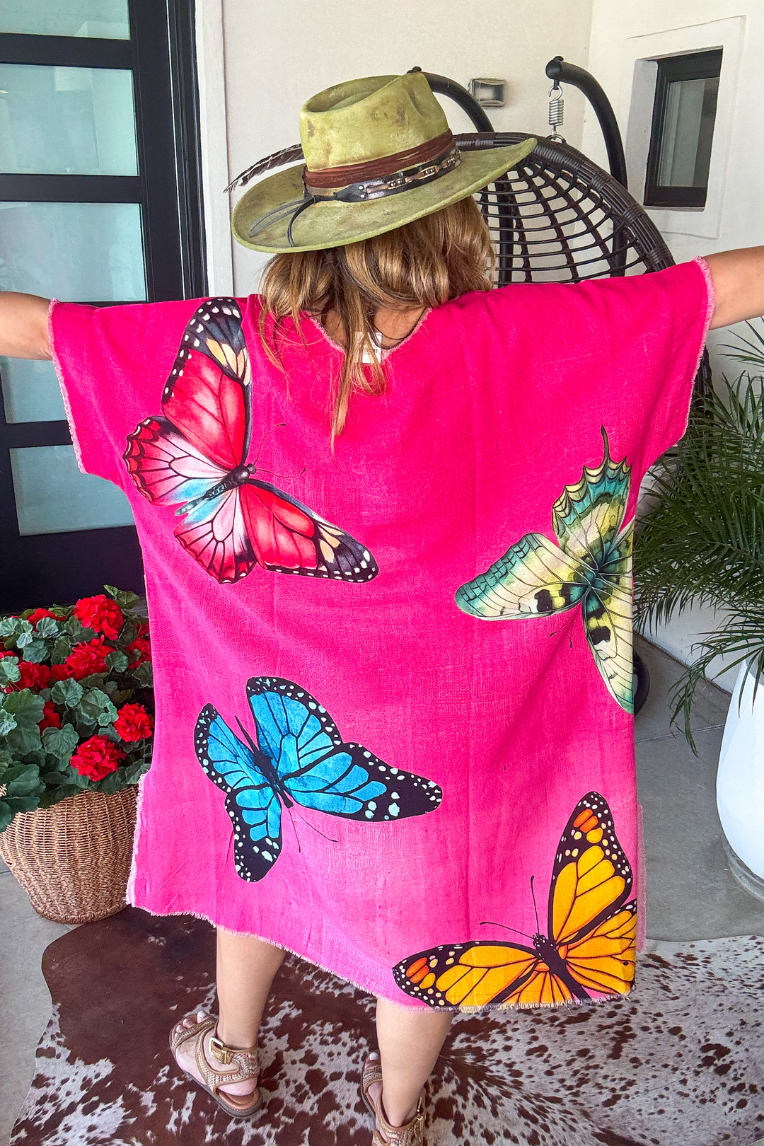 Butterfly Linen Feeling Dress/Tunic - 100% Cotton - Pink