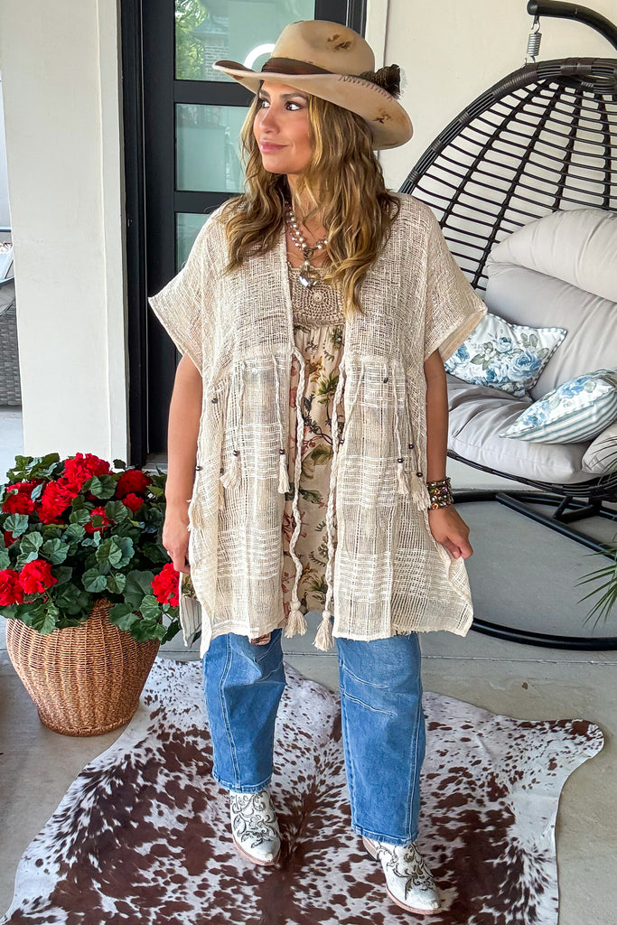 Starlit Sand Tie Front Cardigan - 100% Cotton - Natural