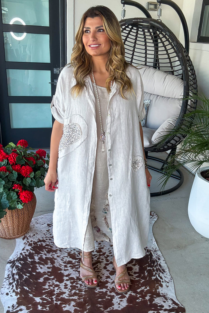 Sparked Affection Sequin Duster - 100% Linen - Taupe - Made in Italy
