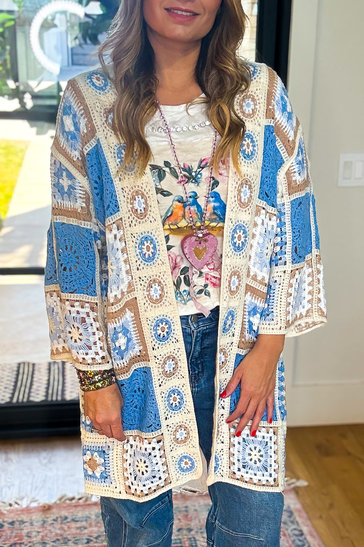 Boho Patchwork Crochet Cardigan - Blue