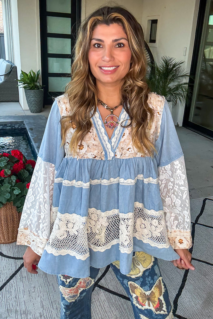 Rosewater Bloom Top - 100%Cotton - Denim