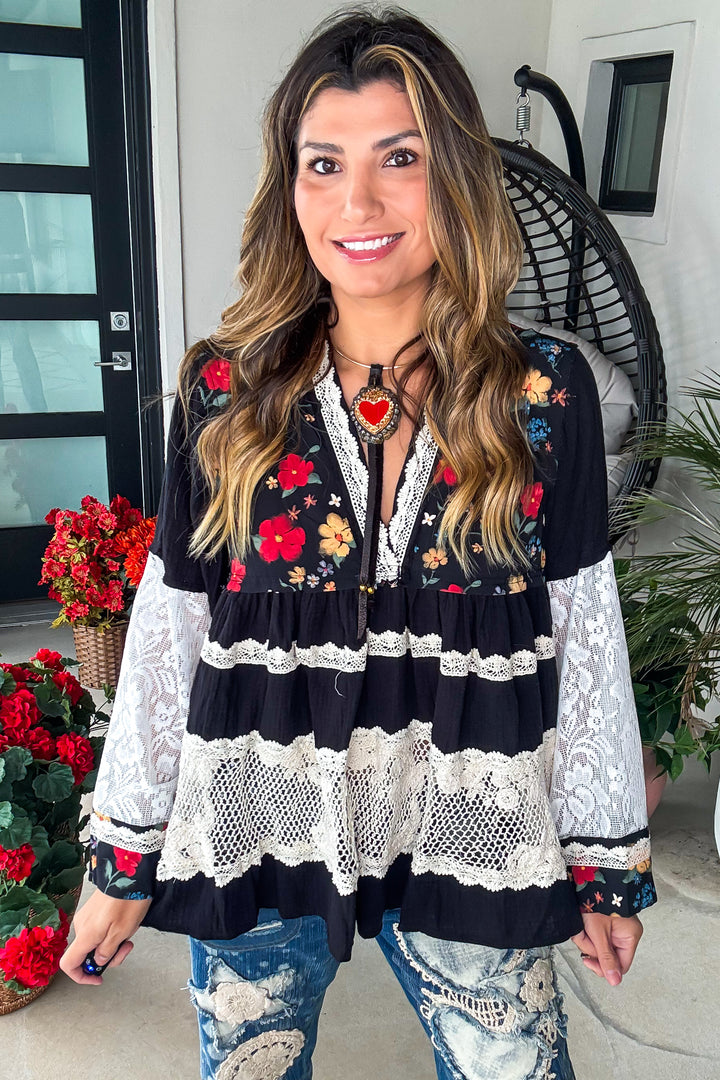 Rosewater Bloom Top - 100% Cotton - Black