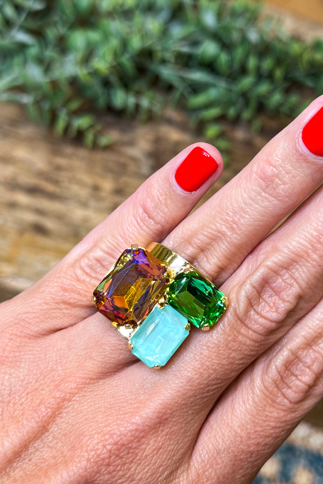 WAFA Crystal 3 Stones Ring - Green Blue Mix