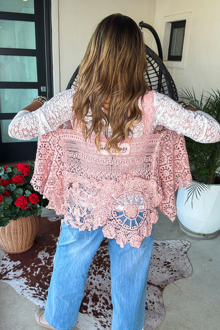 Whispering Details Lace Tank - 100% Cotton - Made in USA - Pink