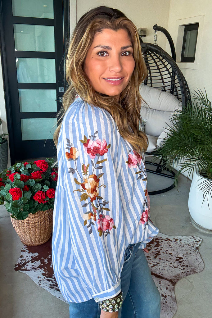 Embroidered Keepsake Blouse - Blue - 100% Cotton