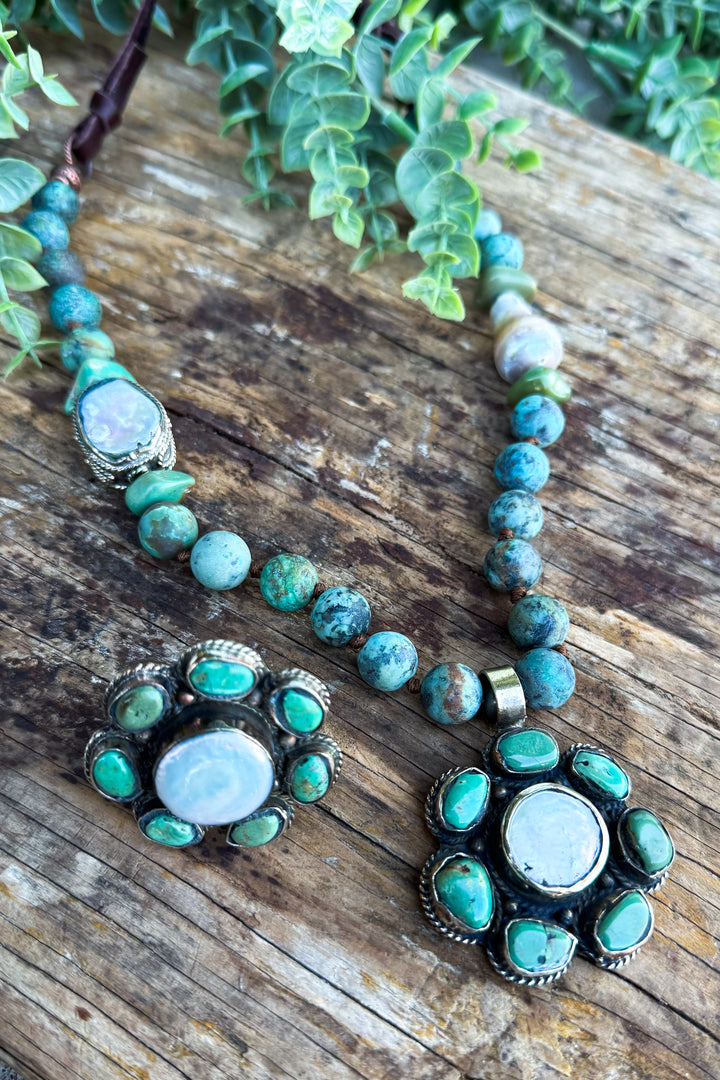 Mother of Pearl, Turquoise and Jasper Necklace - Handmade in Texas