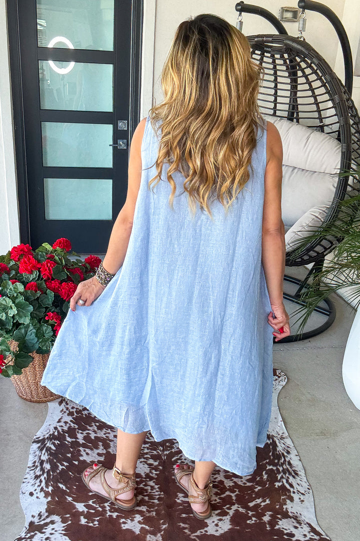 Linen Feeling Cotton Summer Dress - 100% Cotton -  Blue