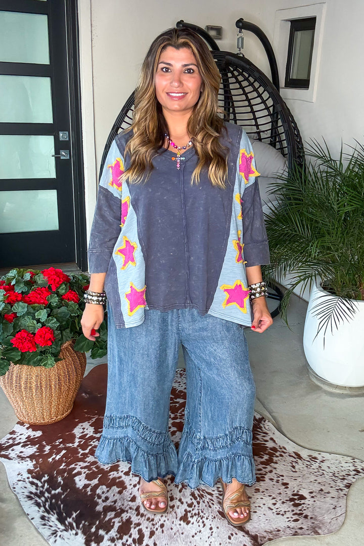 Stardust Trails Oversized Top - 100% Cotton - Faded Navy
