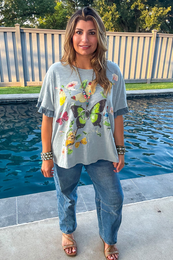 Wildflower Wings Oversized Top - 100% Cotton - Denim