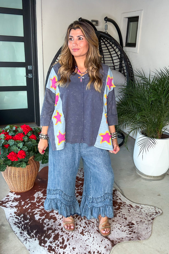 Ruffled Soul Elastic Waist Denim Pants - Denim