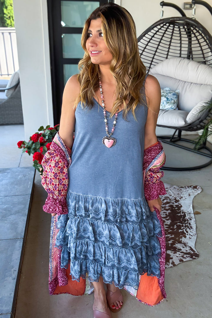 PRE ORDER: Desert Lace Daydream Slip Dress - Cotton Linen Blend - MADE IN USA - Blue