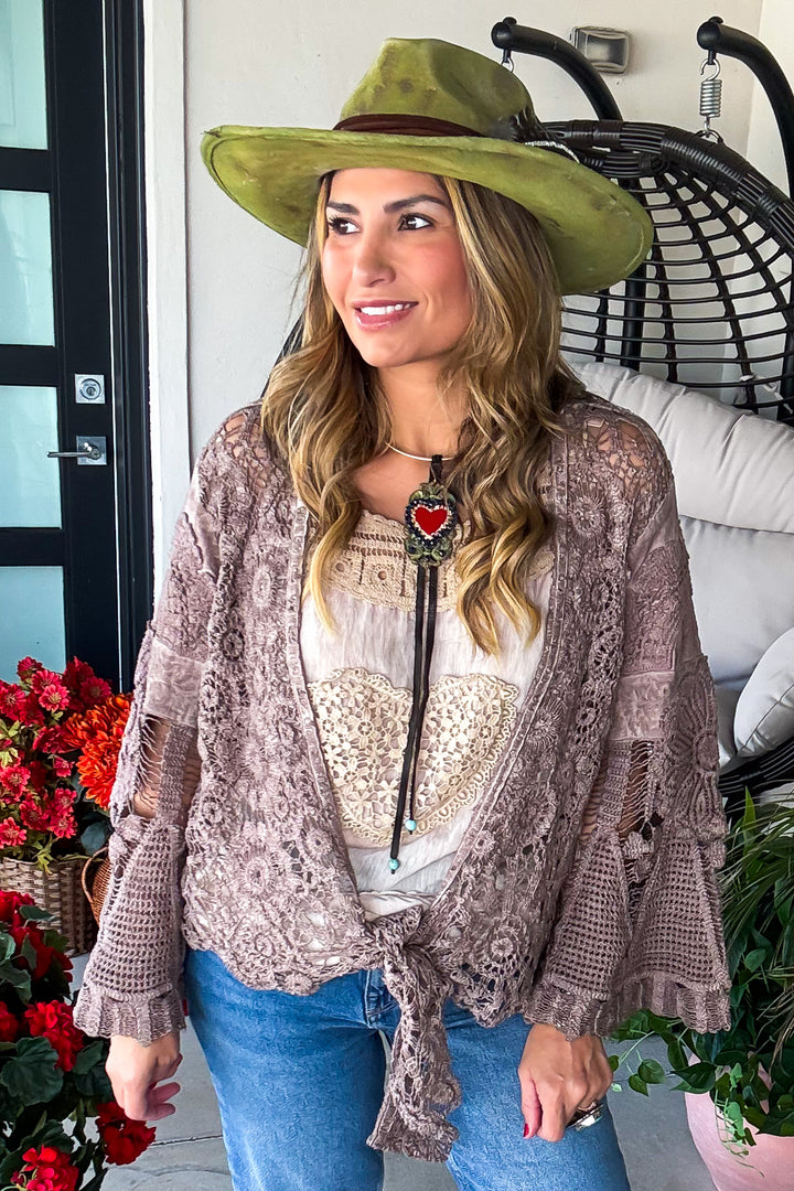 Desert Lace Dream Cardigan - Brown - 100% Cotton