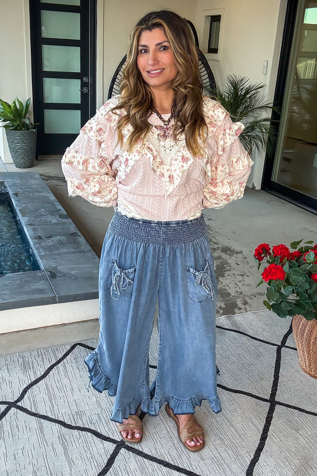 PRE ORDER: Smocked Ruffle Hem Side Tie Chambray Pants - Denim