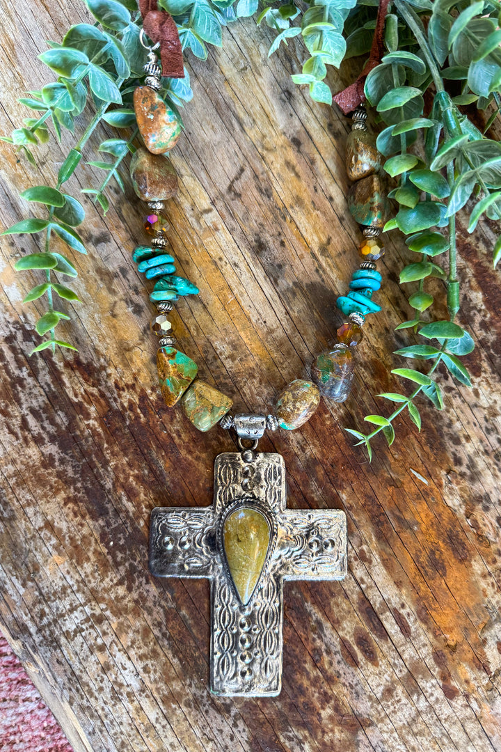 One of a Kind Golden Rutilated Quartz &amp; Turquoise Cross Necklace