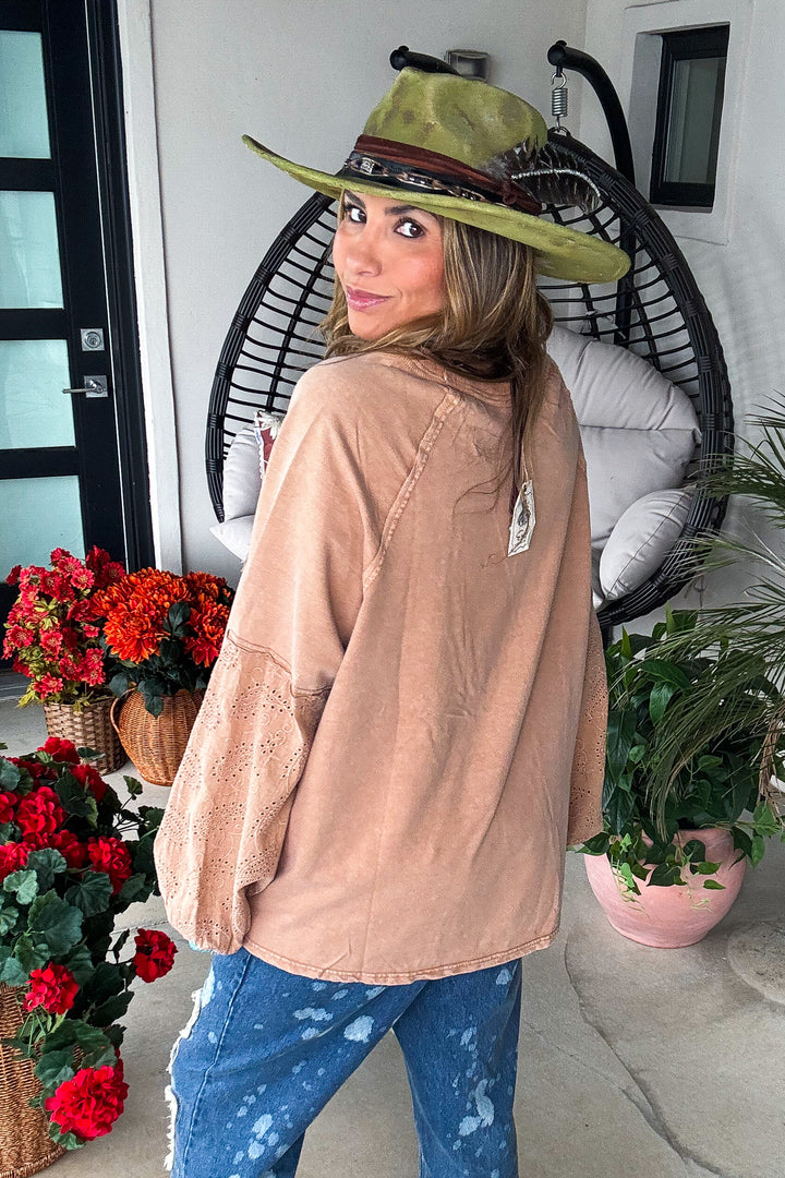Sweetheart Eyelet Oversized Top - 100% Cotton  - Almond