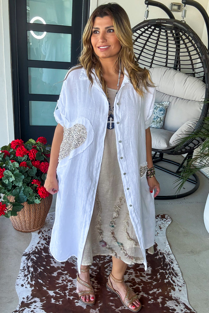 Sparked Affection Sequin Duster - 100% Linen - White - Made in Italy