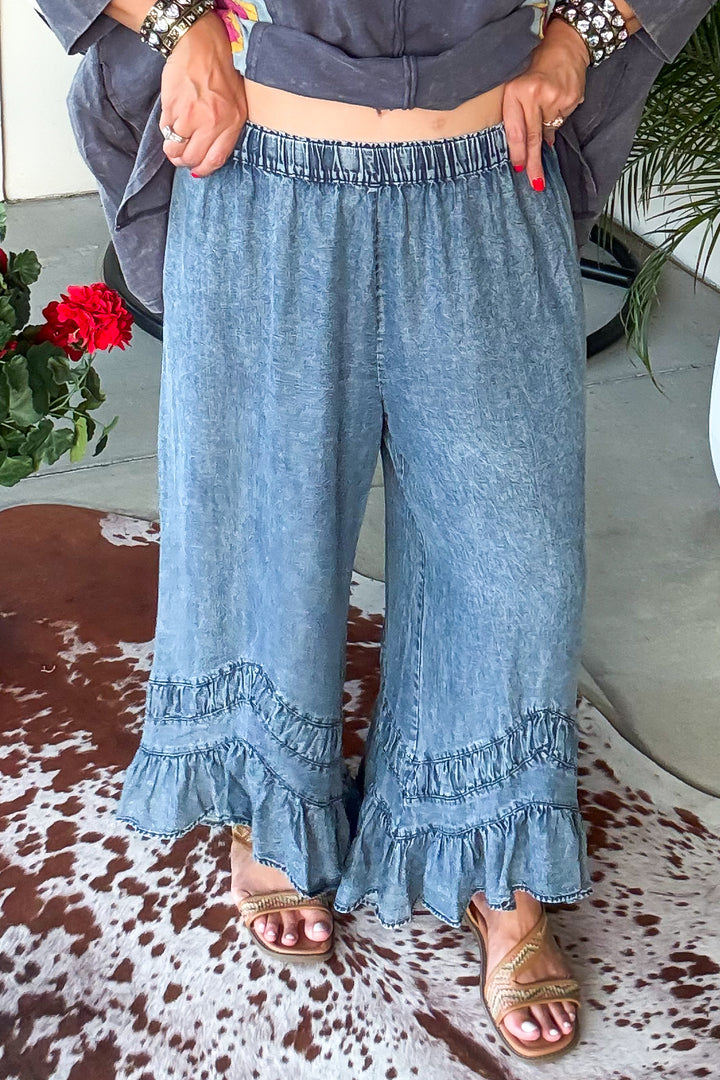 Ruffled Soul Elastic Waist Denim Pants - Denim