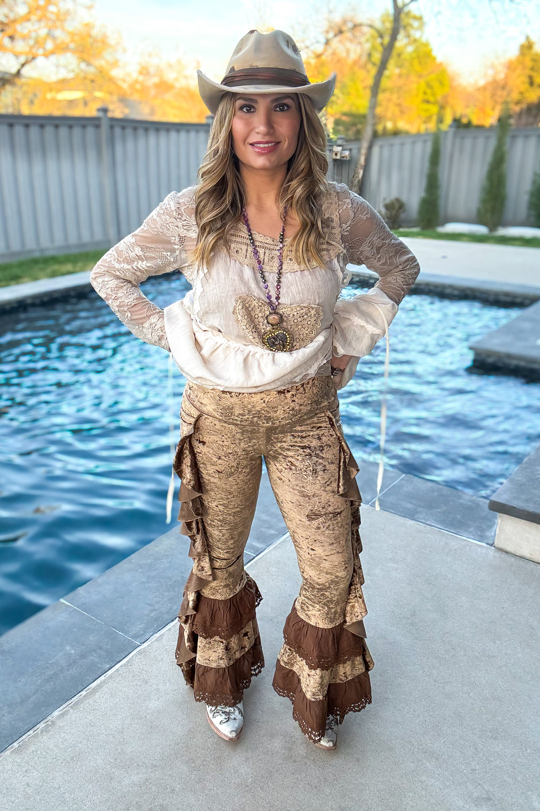 Velvet Butterfly Ruffled Leggings - Brown -SALE