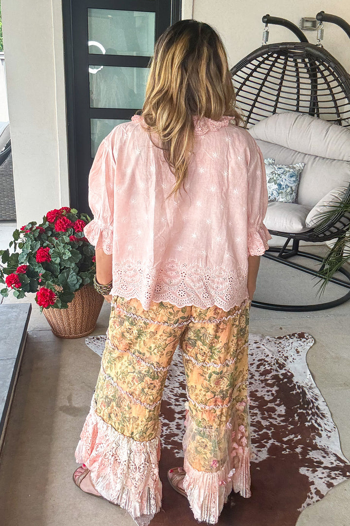 Boho Floral Lace Pants Elastic Waist - 100% Cotton